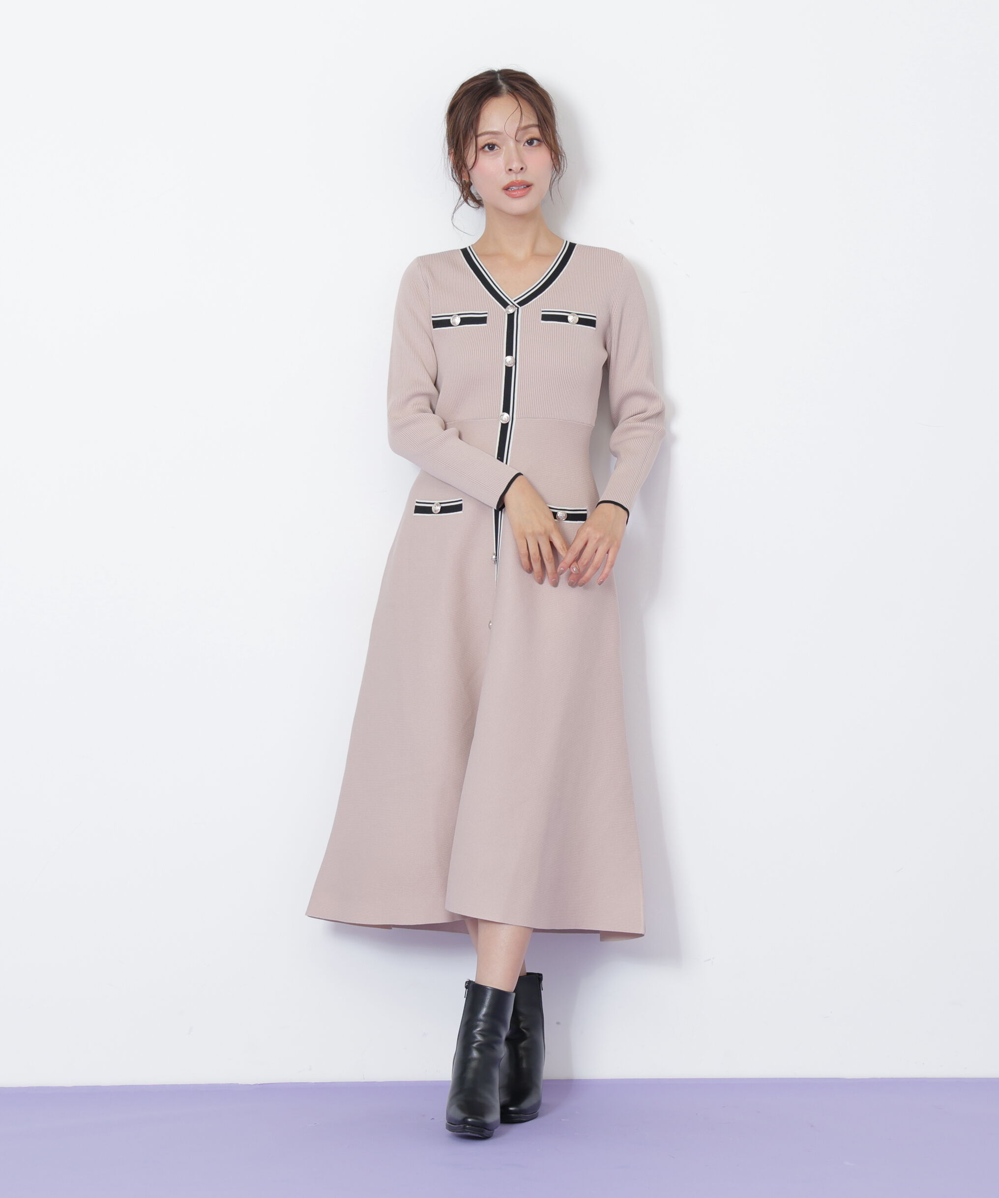  「Vネック配色ラインフレアワンピース」|ワンピース|