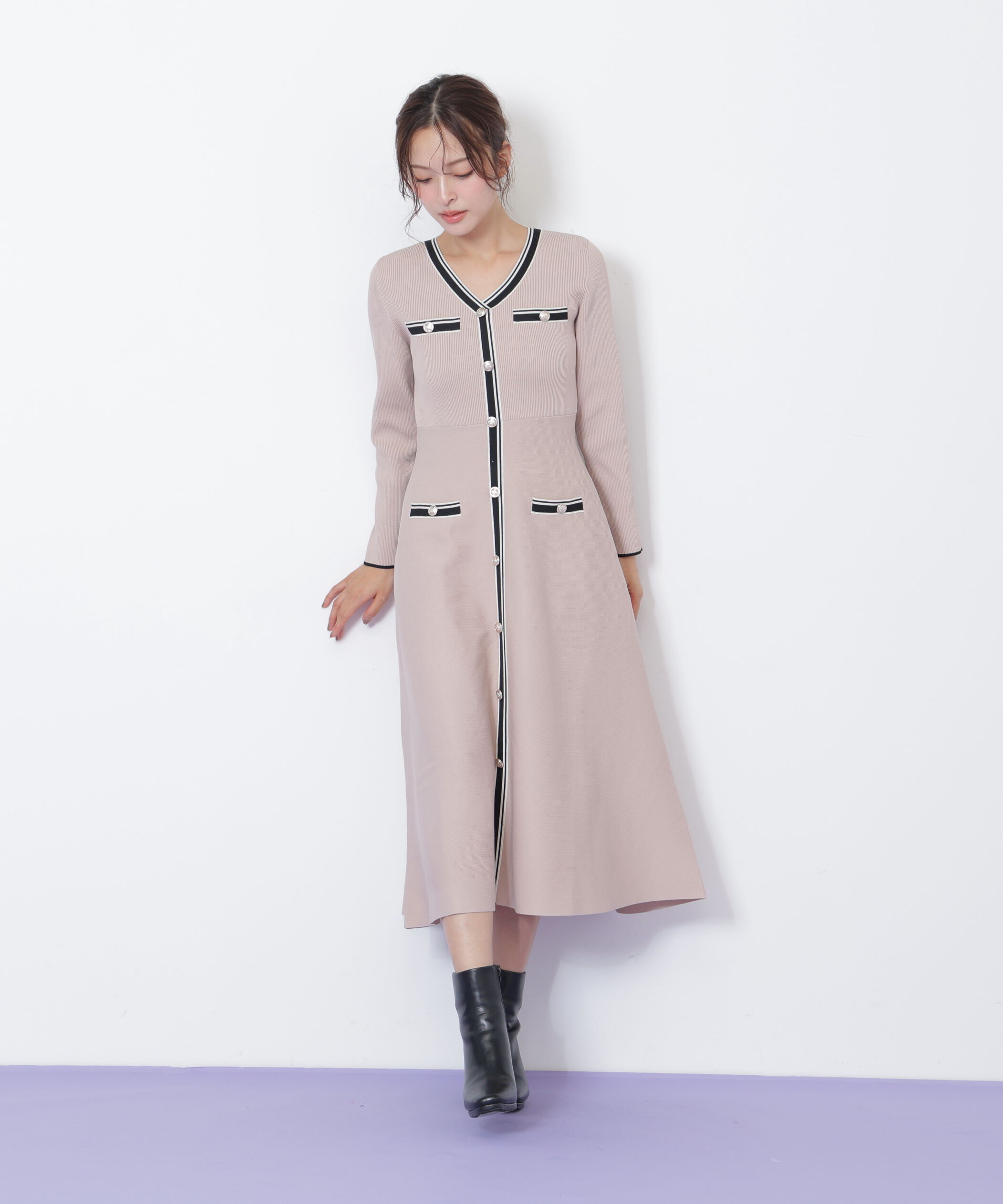  「Vネック配色ラインフレアワンピース」|ワンピース|