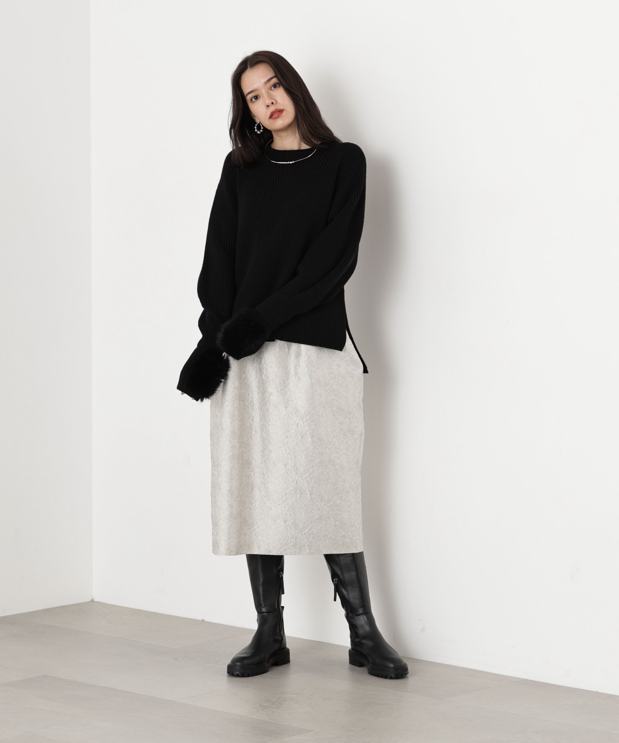  「◆ファーグローブ付き畦ニットプルオーバー」|ニット・セーター|