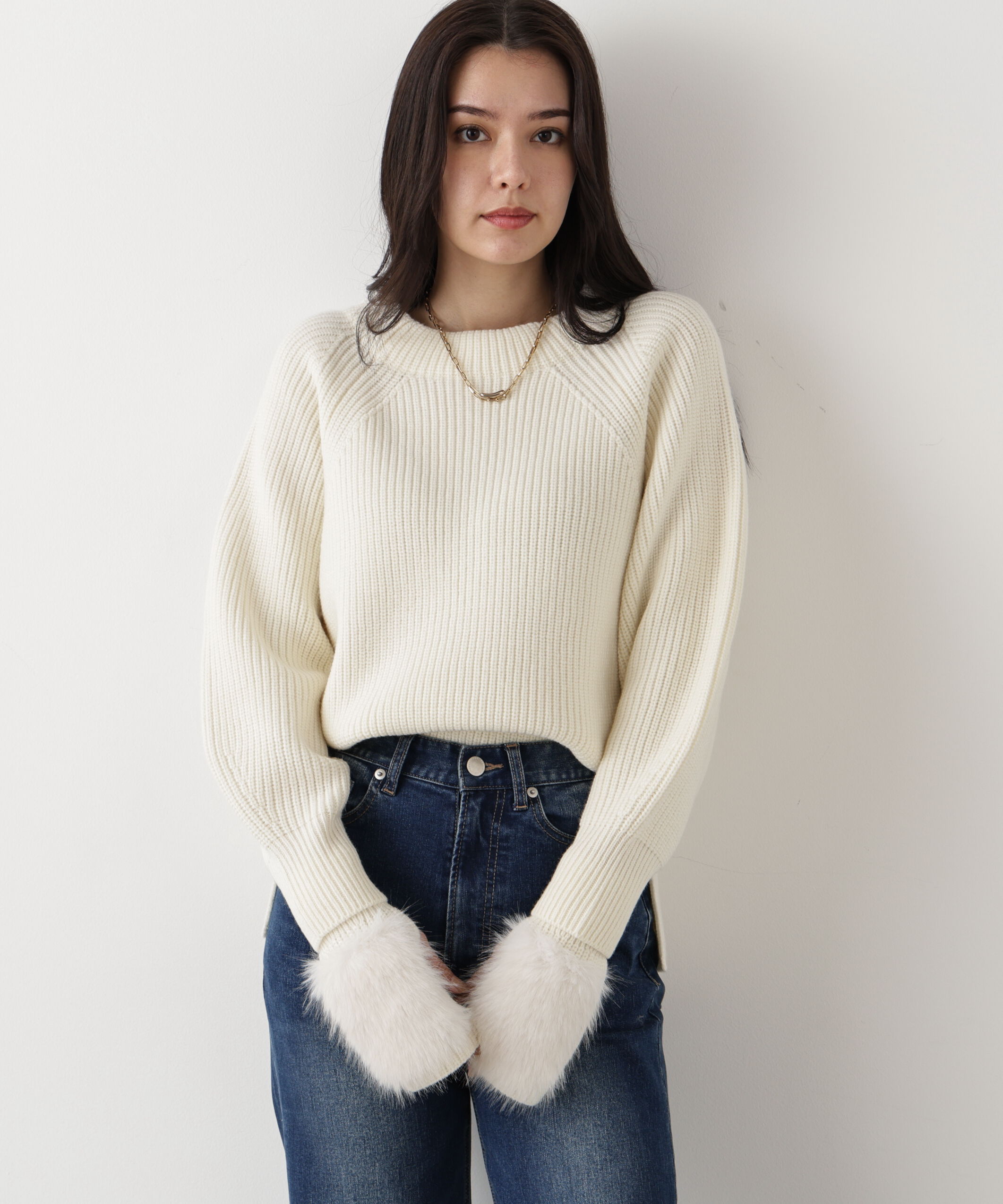  「◆ファーグローブ付き畦ニットプルオーバー」|ニット・セーター|