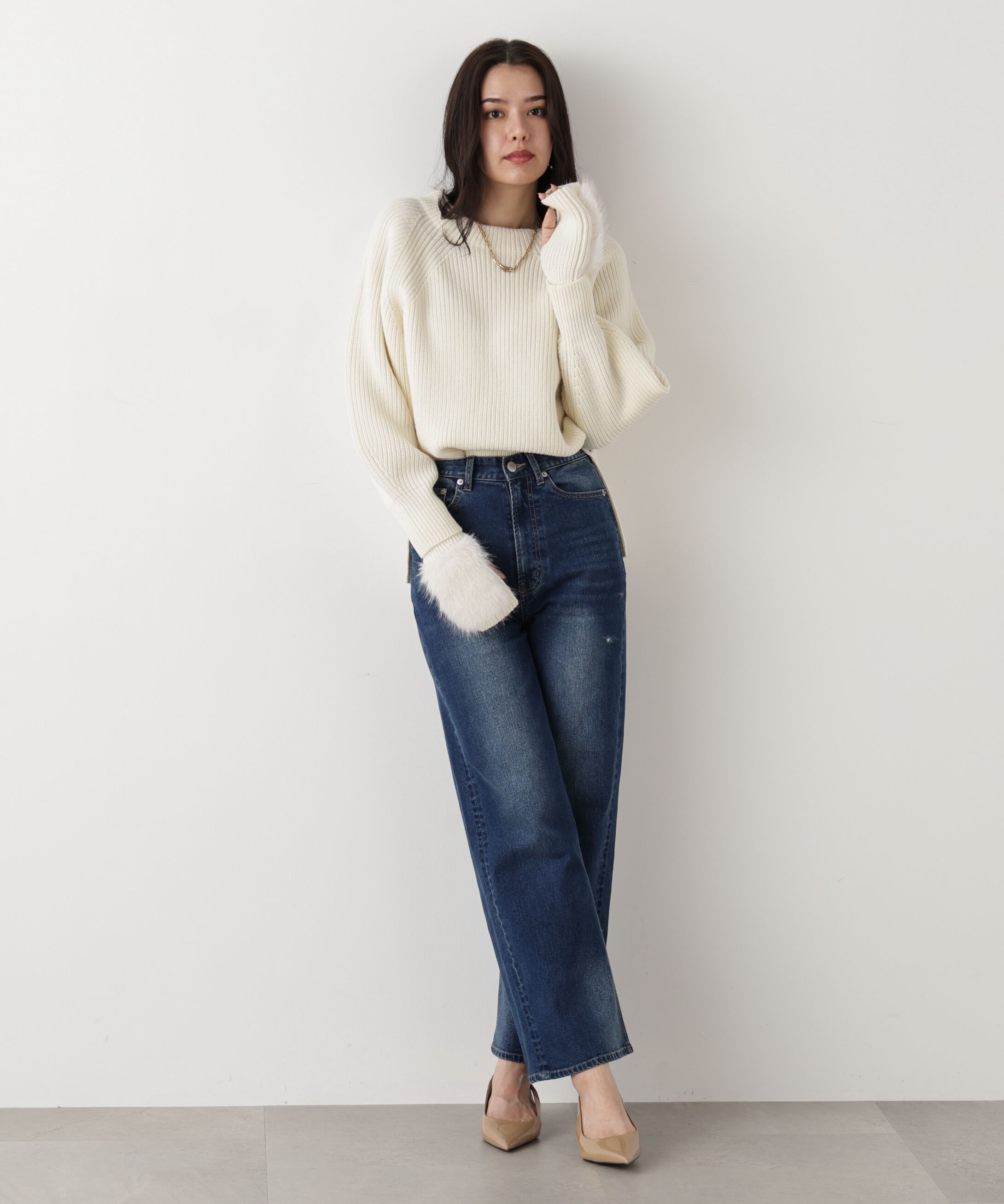  「◆ファーグローブ付き畦ニットプルオーバー」|ニット・セーター|