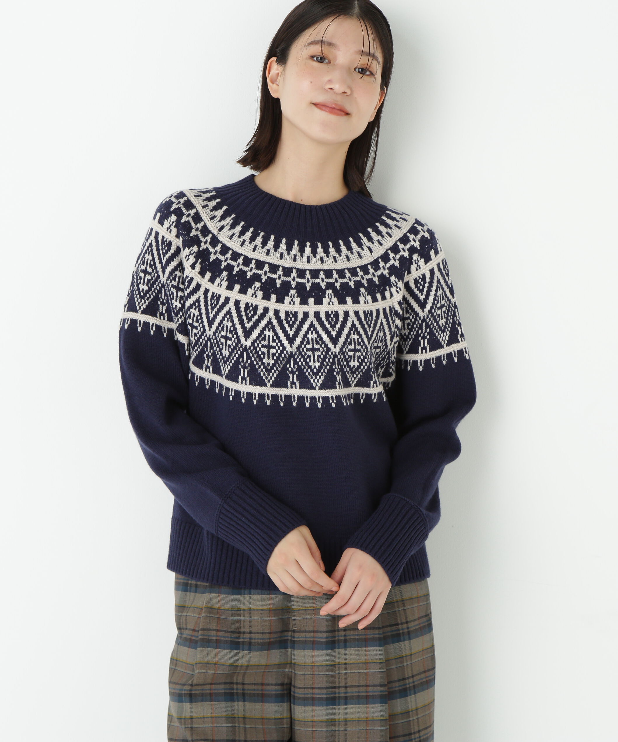  「◆ウールアクリル求心ジャカードプルオーバー」|ニット・セーター|ネイビー3
