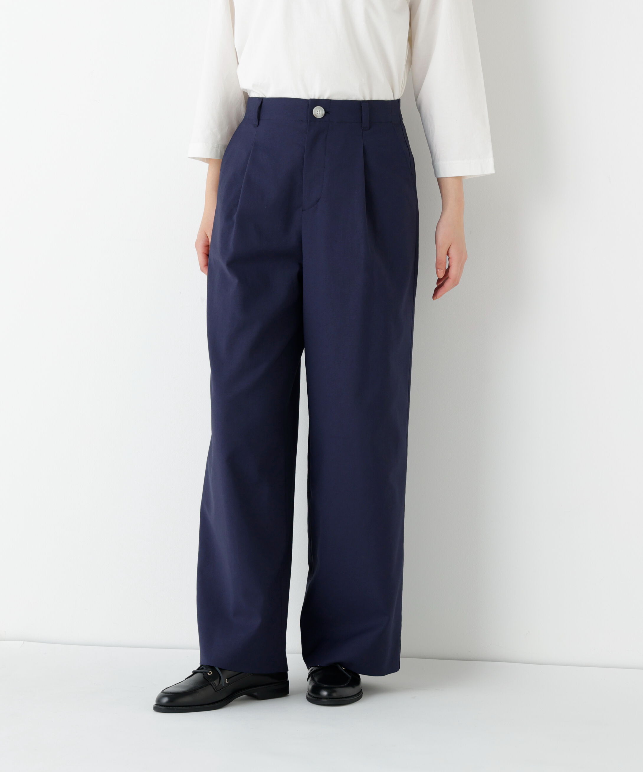  「◆麻調合繊タックセミワイドパンツ」|その他|ネイビー