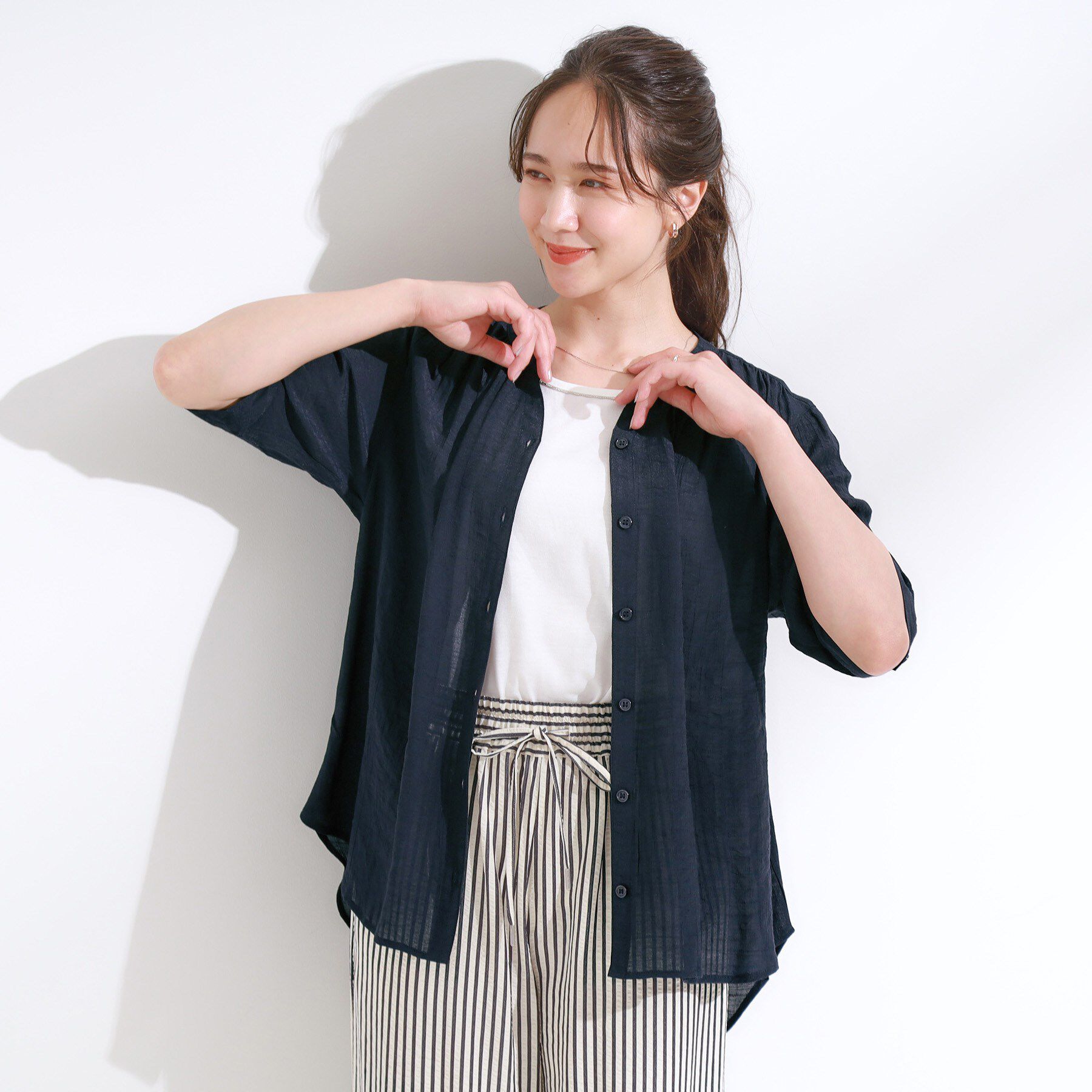 SHOO･LA･RUE「【S-LL/2点セット】着るだけでコーデが決まる 麻調5分袖ブラウス＋タンクトップ」|シャツ・ブラウス|