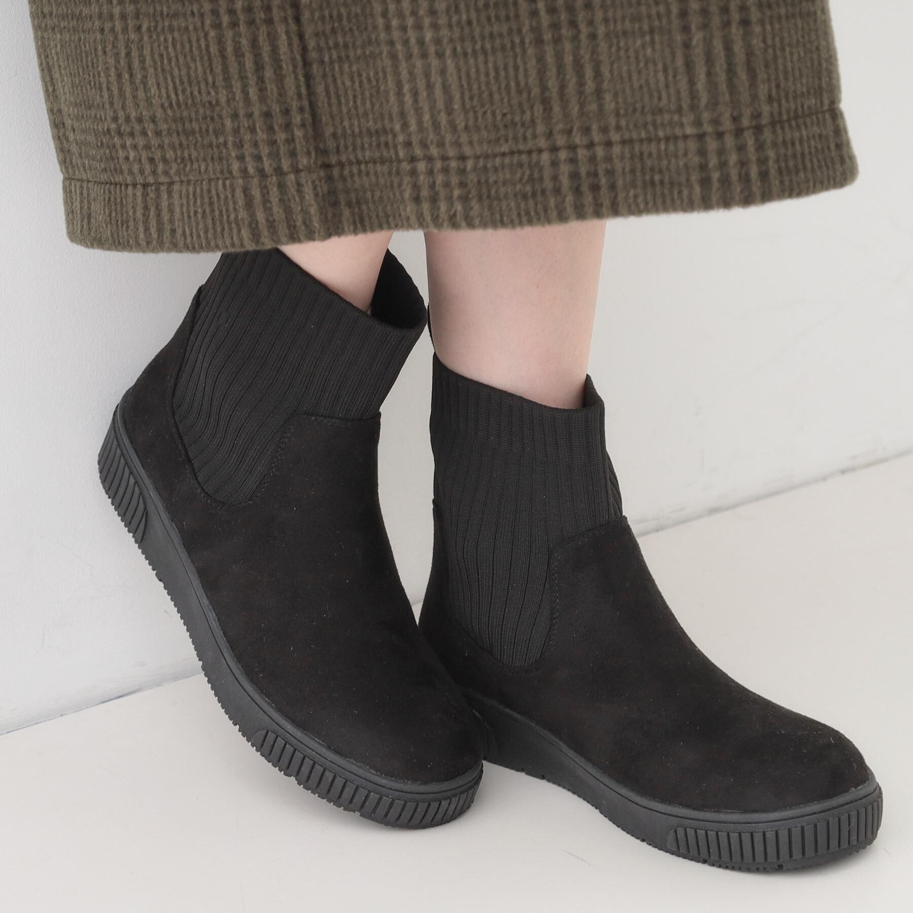 SHOO･LA･RUE「【撥水/低反発クッション】すっぽりラクラク はきぐちニットブーツ」|ショートブーツ|