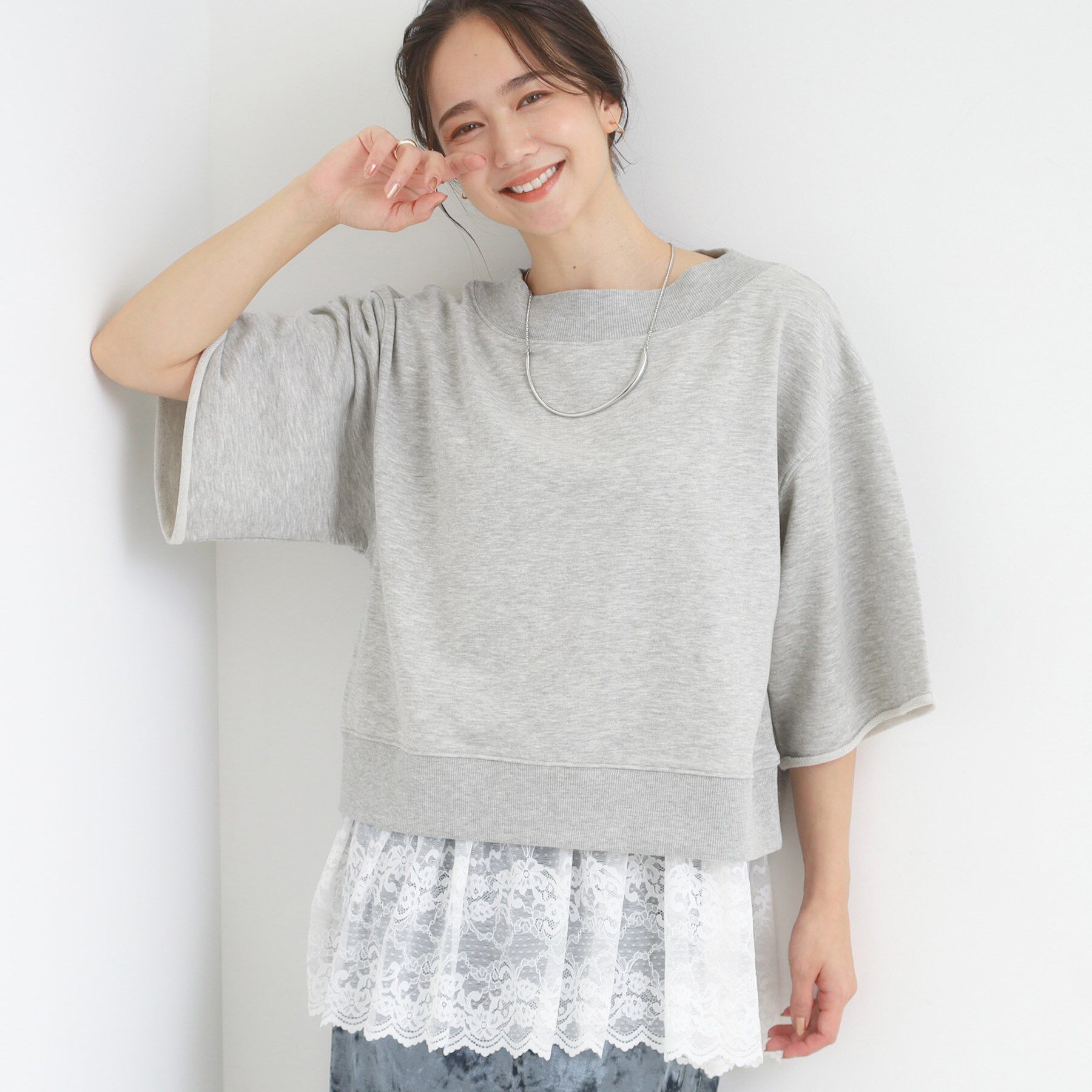 SHOO･LA･RUE「【2点セット】ハーフスリーブミニ裏毛プルオーバー＆レースタンクトップSET」|その他|ライトグレー(011