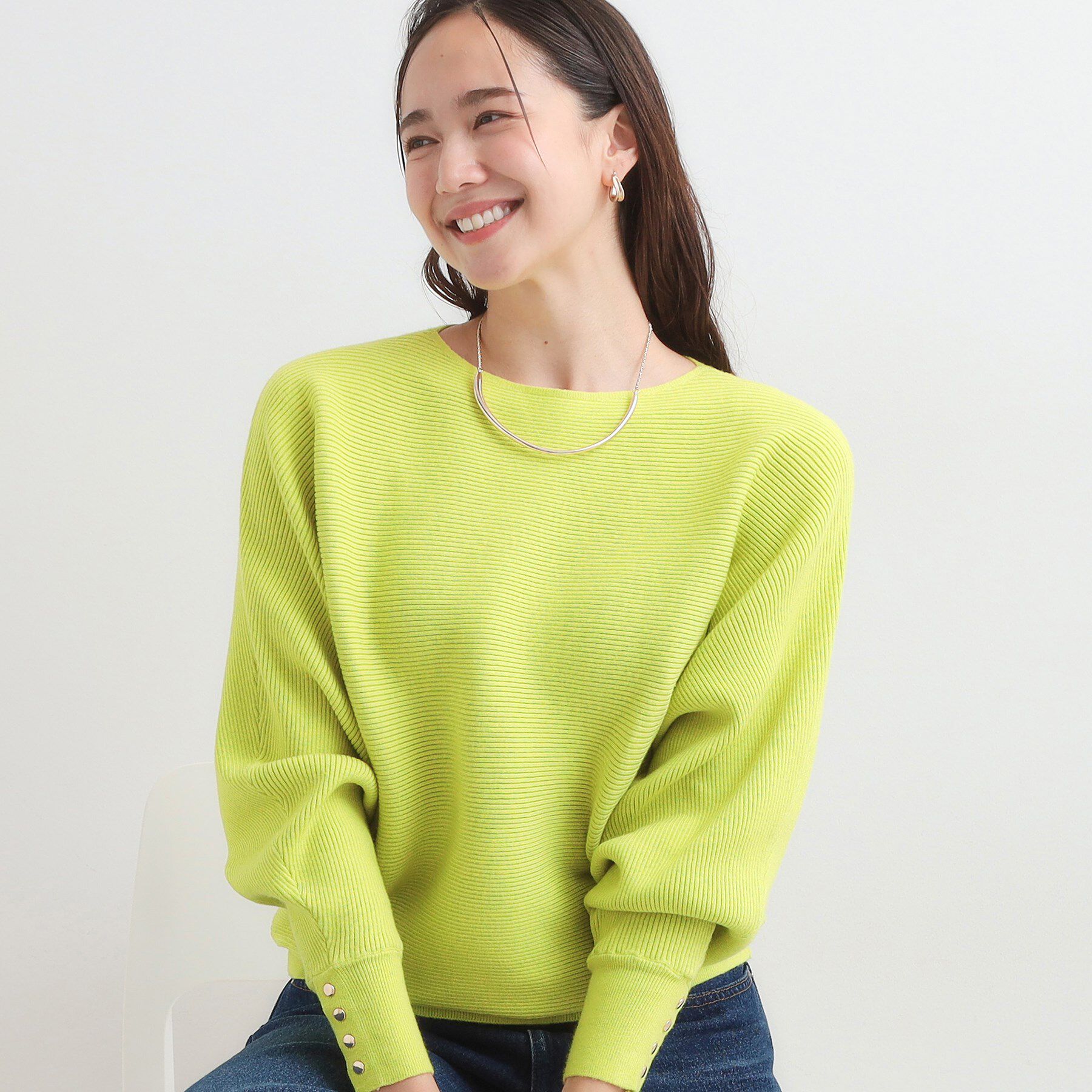 SHOO･LA･RUE「【洗濯機可/体型カバー】お袖ボタン リブドルマンニット」|ニット・セーター|グリーン(825)