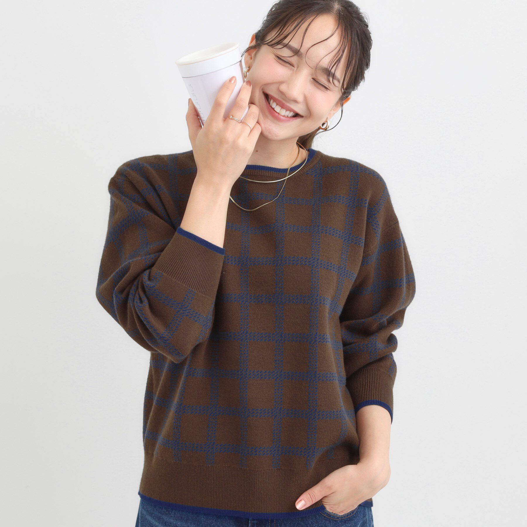 SHOO･LA･RUE「【洗濯機可/S-LL】クラシックなチェック柄が目を惹く 柔らかニット」|ニット・セーター|ブラウン(243)