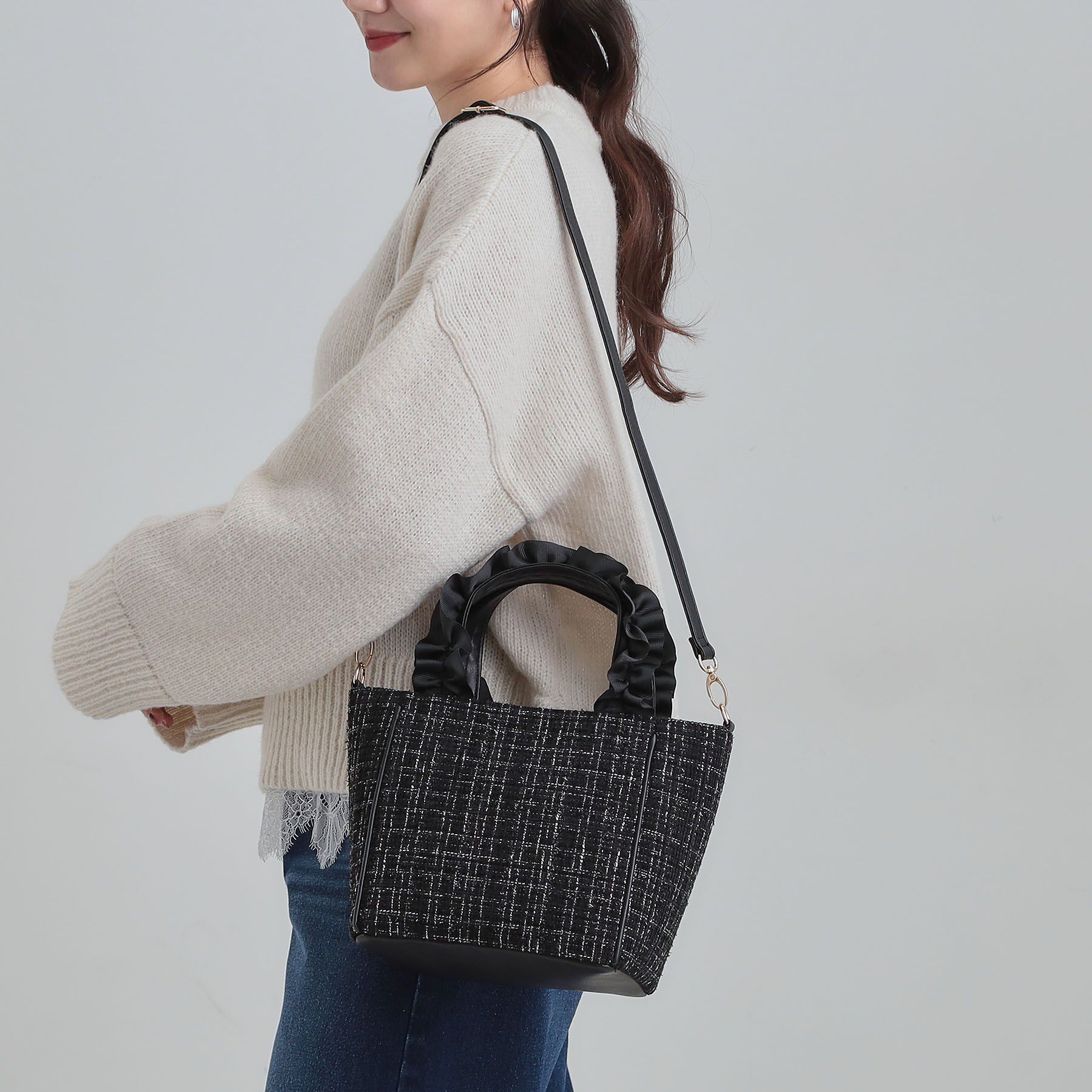 SHOO･LA･RUE「フリルハンドルツイードトートバッグ」|トートバッグ|