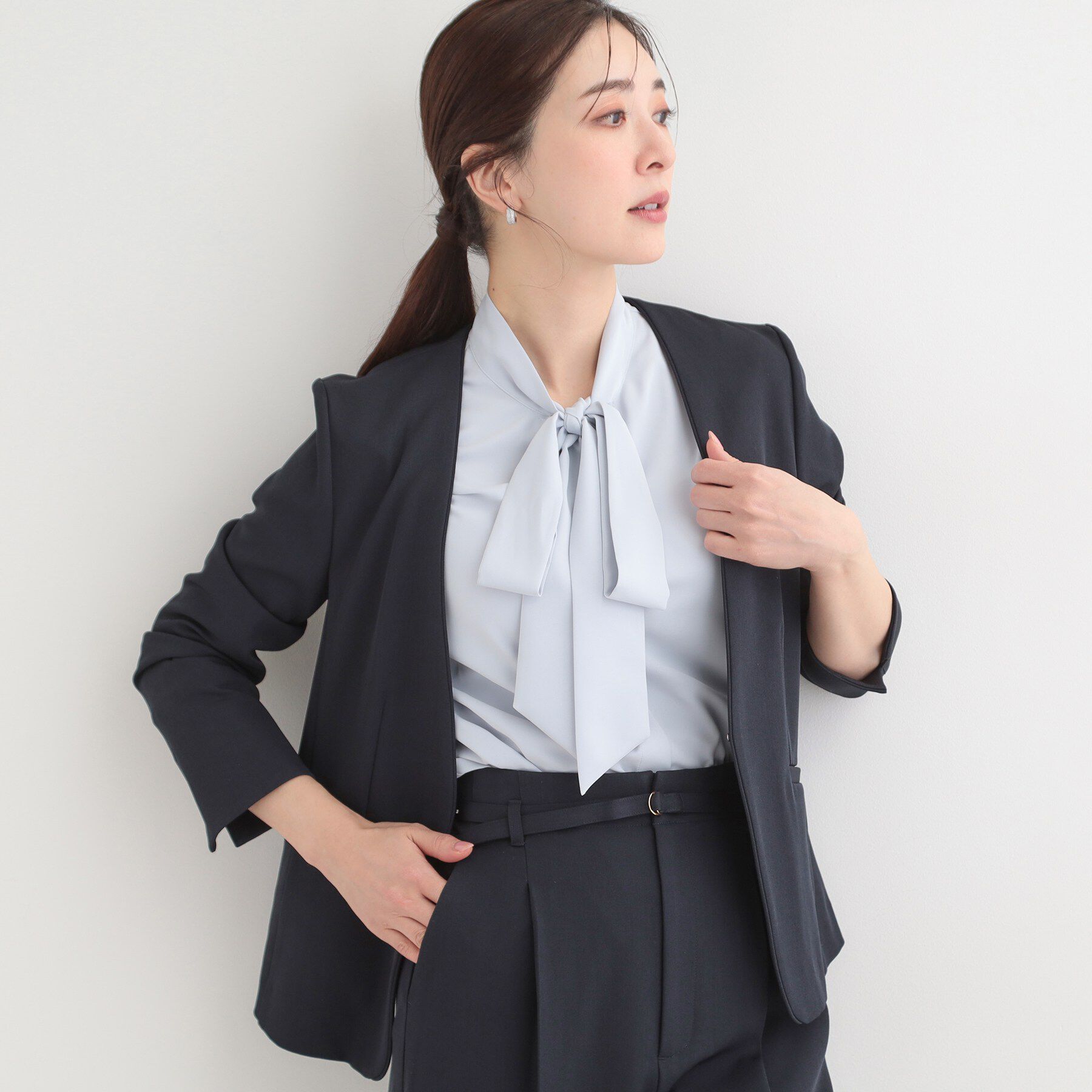 SHOO･LA･RUE「【多機能】カラーレスジャケット」|ノーカラージャケット|ネイビー(094)