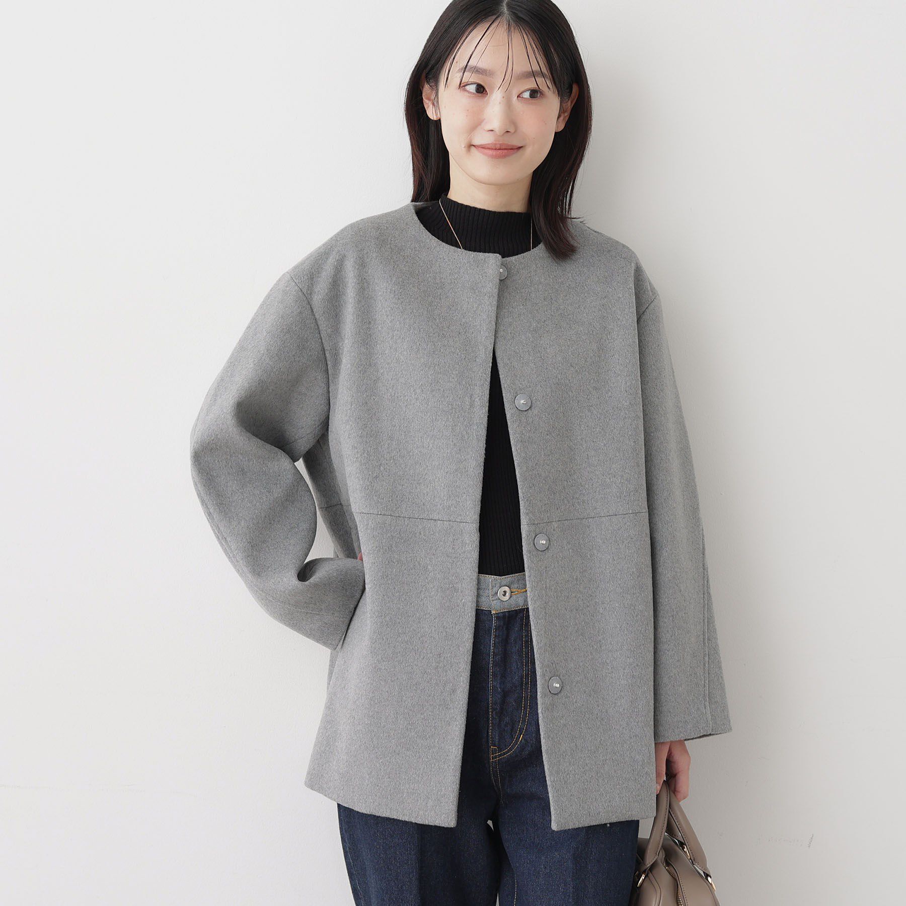 Dessin「ウール混クルーネックコート」|ノーカラーコート|