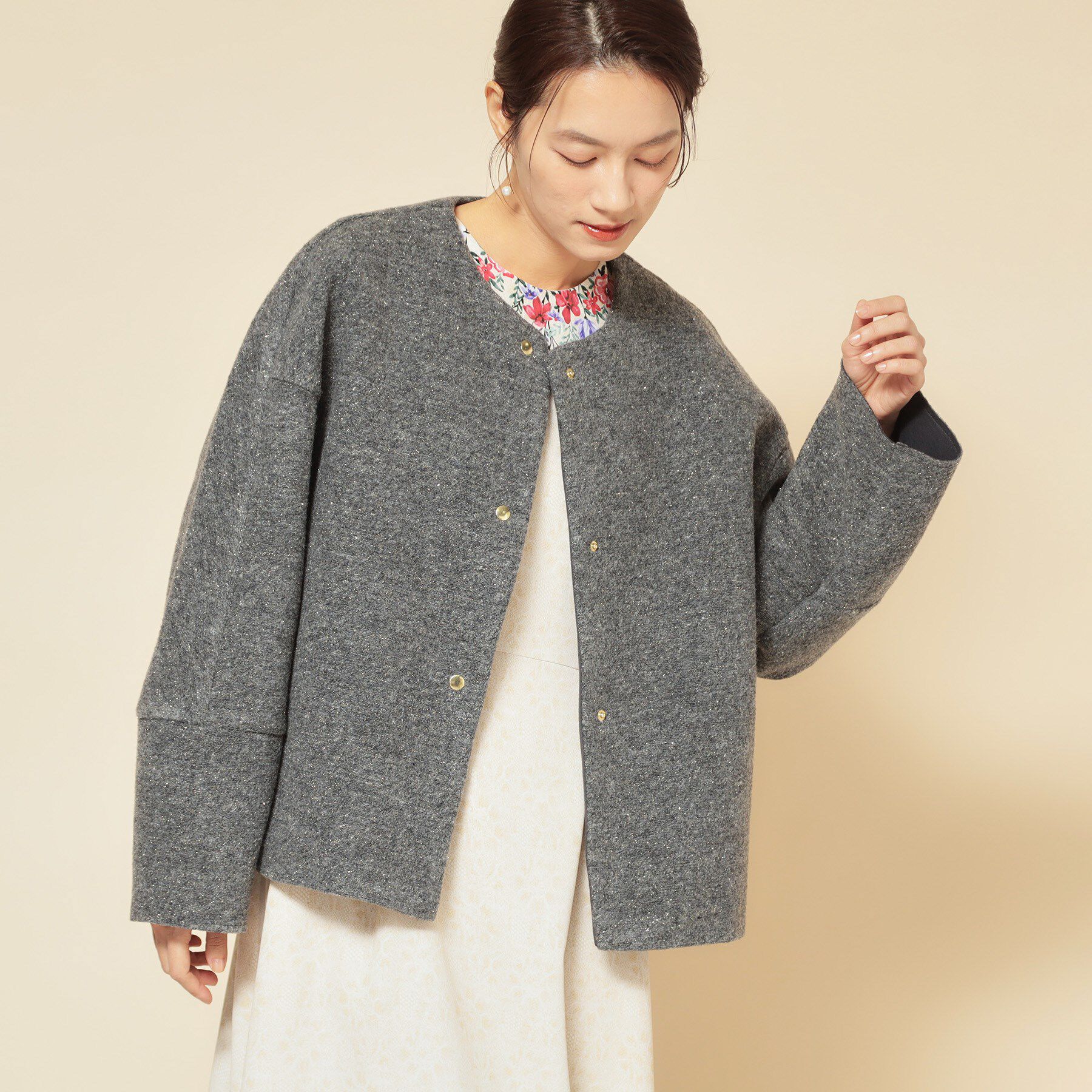 SunaUna「【ショート丈】ノーカラーライトアウター」|ブルゾン・スタジャン|