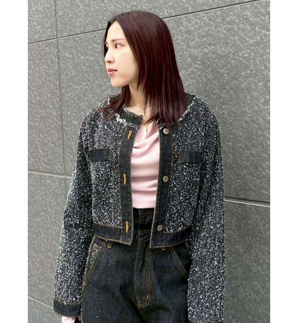 LAGUNAMOON「ツイードライクノーカラーデニムジャケット」|デニムジャケット|