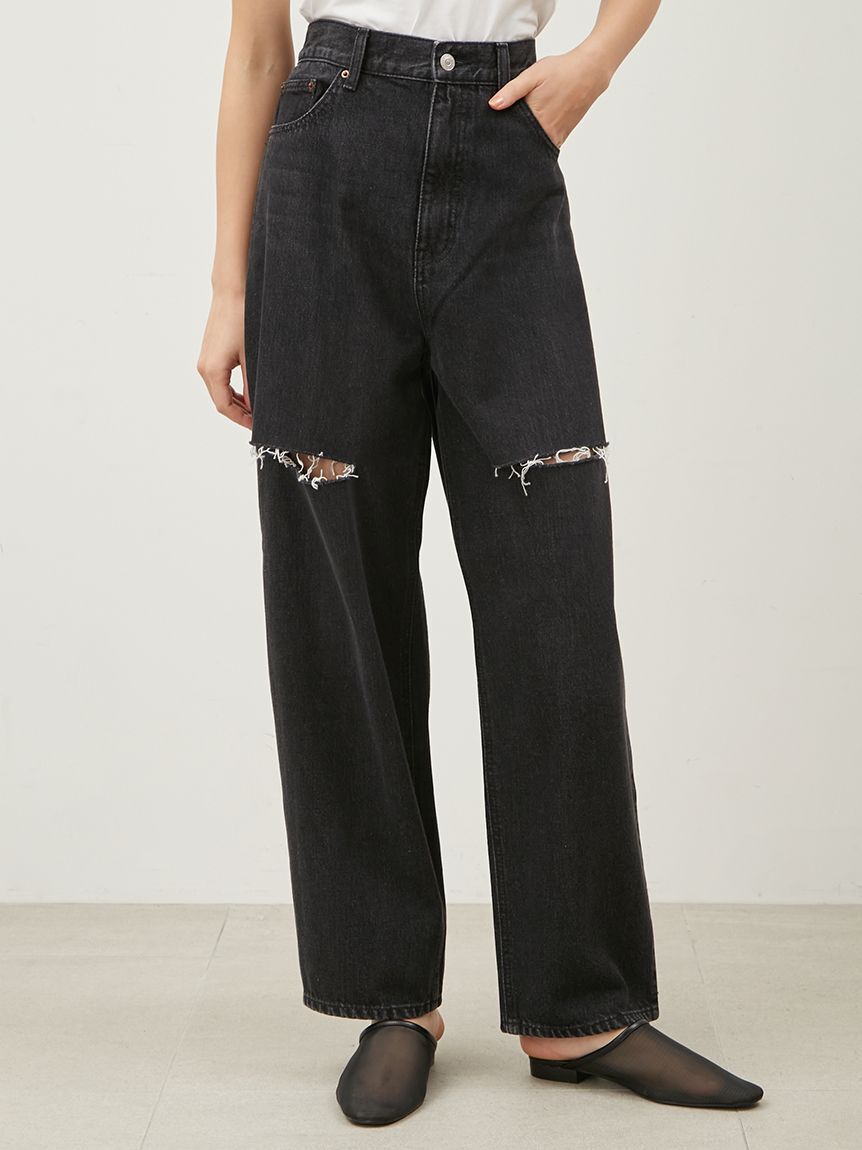 Mila Owen「【WEB限定00サイズ】ワイドテーパードカットアウトデニムパンツ」|デニム|