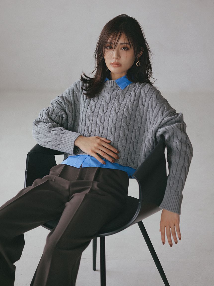 Mila Owen「【セットアイテム】シャツレイヤードケーブル短丈ニット」|ニット・セーター|GRY