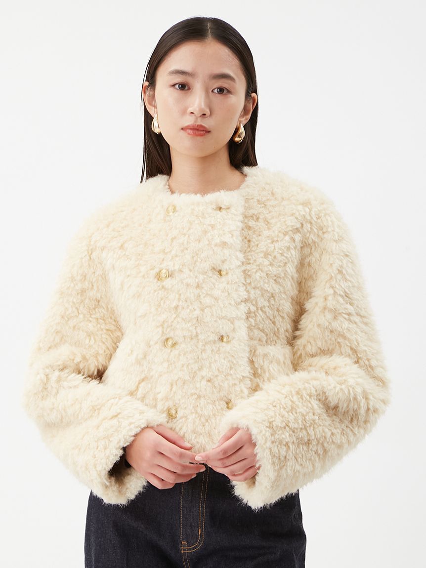 Mila Owen「金釦フェイクファー短丈ジャケット」|ノーカラージャケット|