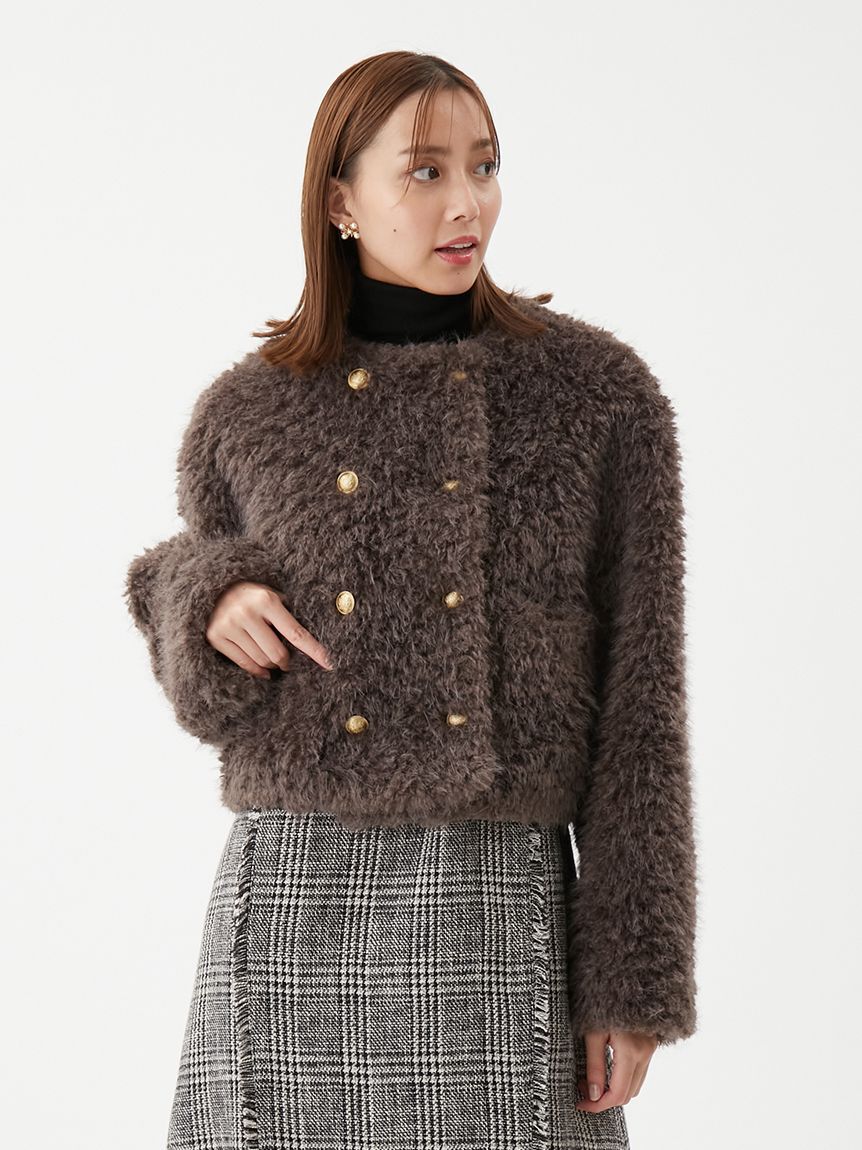 Mila Owen「金釦フェイクファー短丈ジャケット」|ノーカラージャケット|