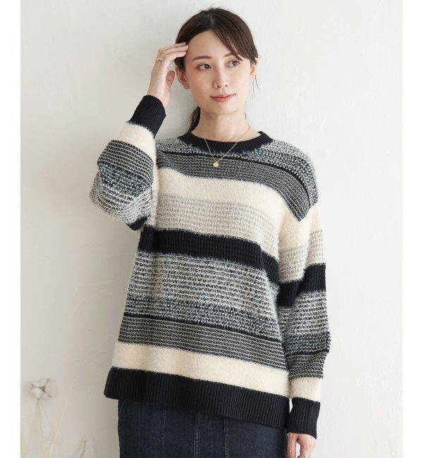 ikka「フェザー切り替えボーダーニットプルオーバー」|プルオーバー|ブラック