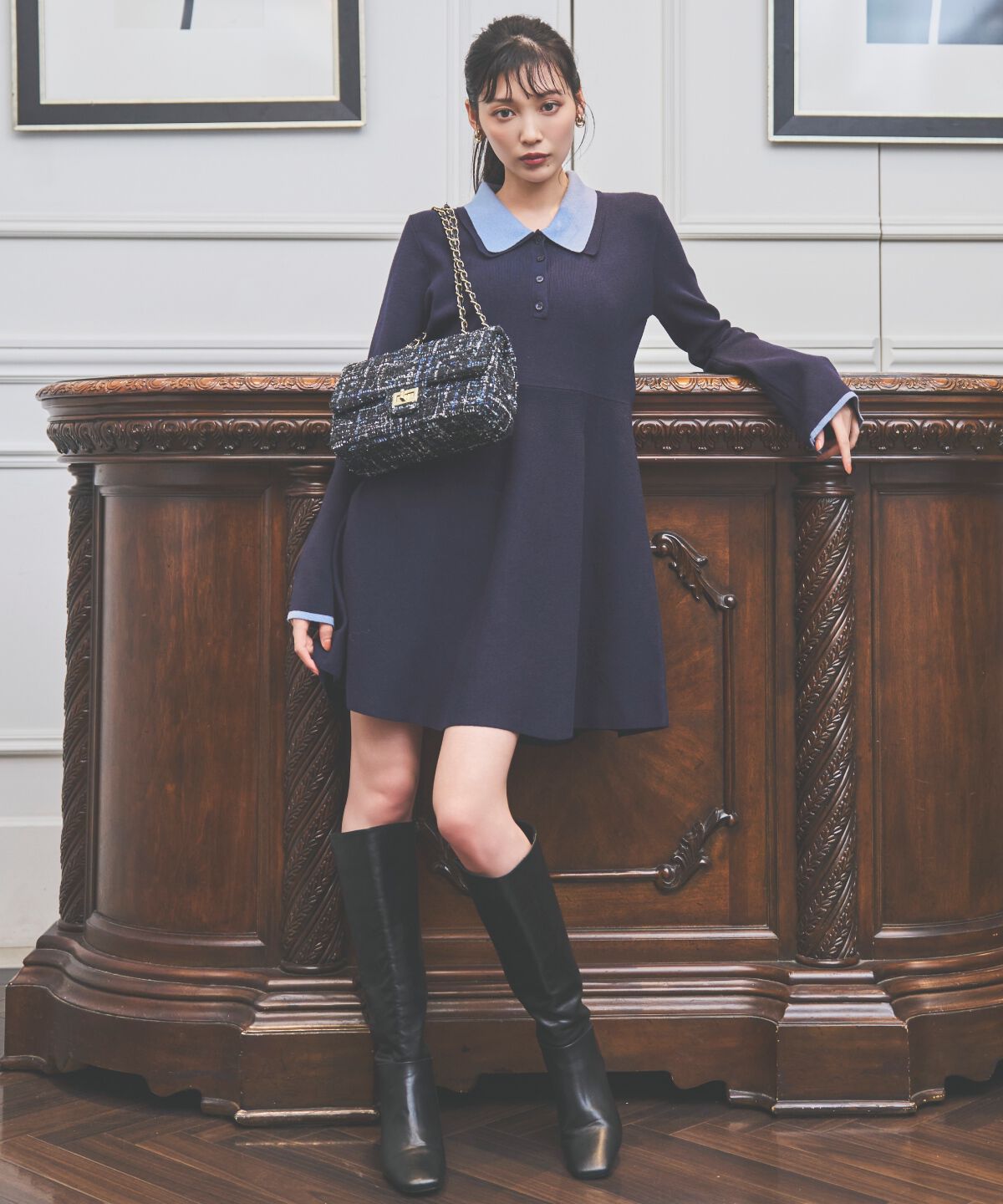 アンドクチュール「バイカラーポロニットフレアミニワンピース」|ワンピース|