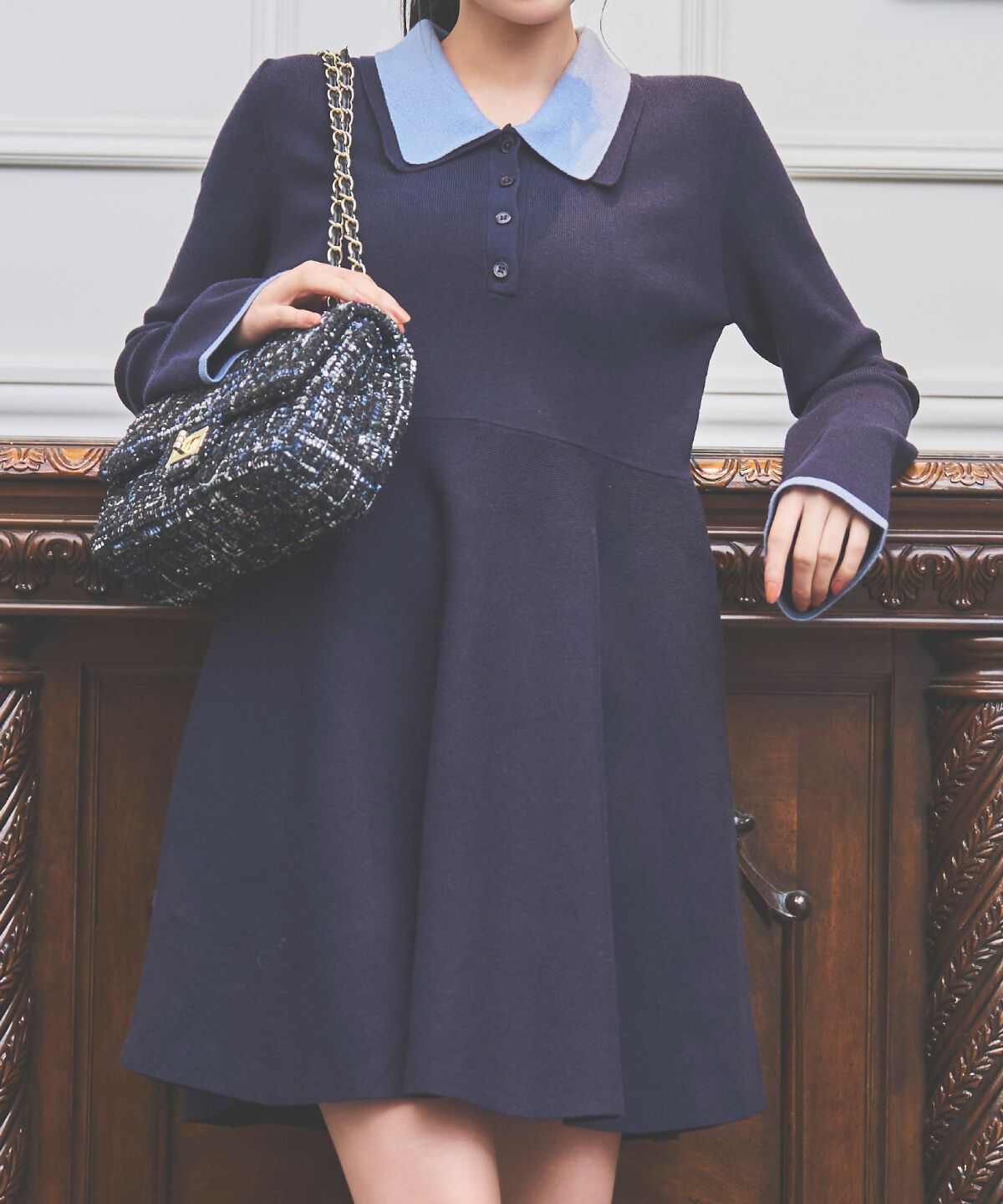 アンドクチュール「バイカラーポロニットフレアミニワンピース」|ワンピース|