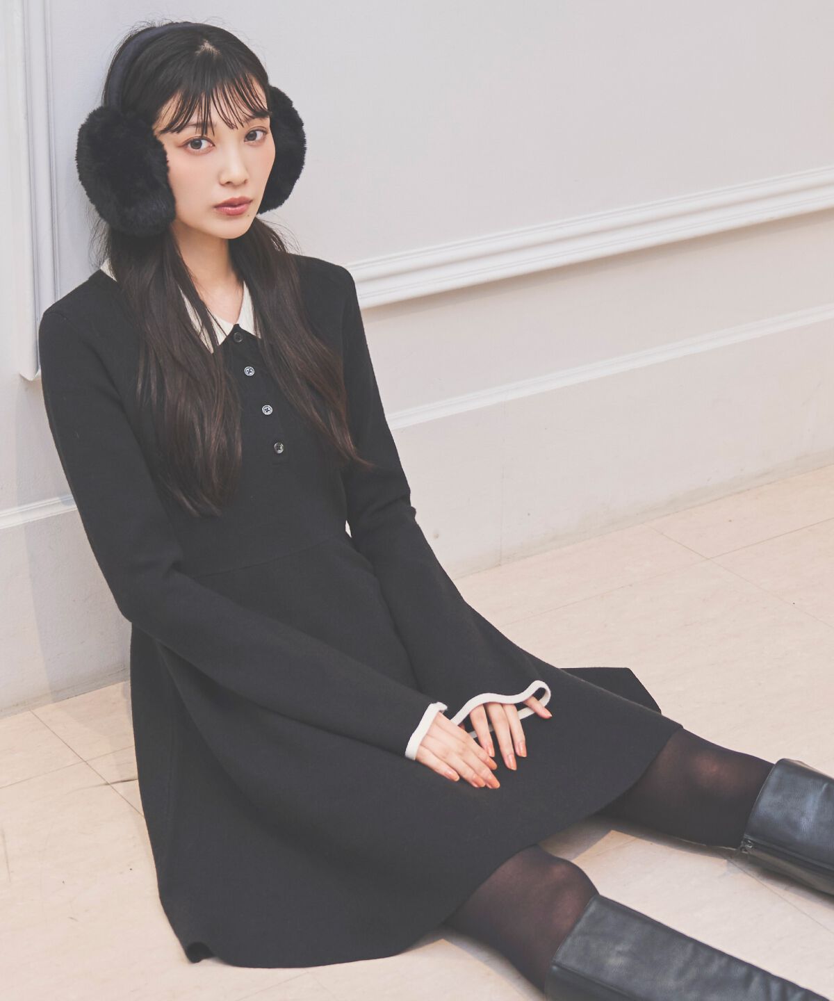 アンドクチュール「バイカラーポロニットフレアミニワンピース」|ワンピース|ブラック