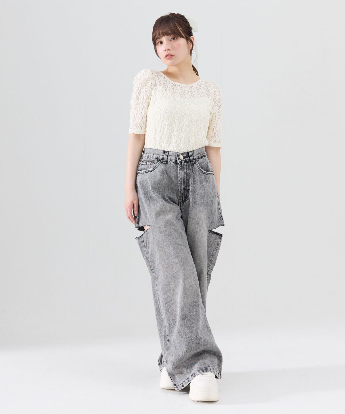 REDYAZEL「サイドダメージワイドパンツ」|デニム|ブラック