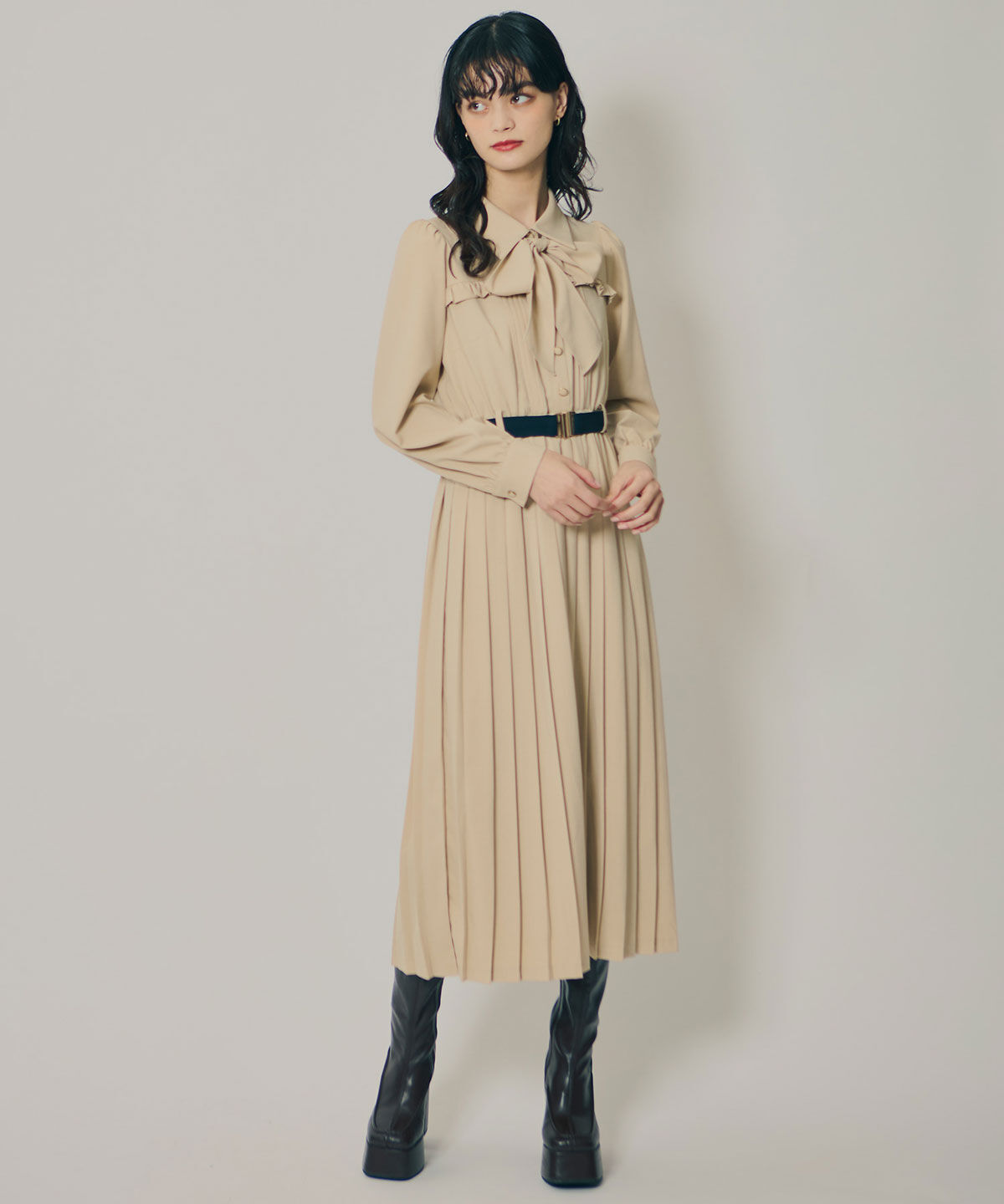 REDYAZEL「プリーツボウタイシャツロングワンピース」|ワンピース|