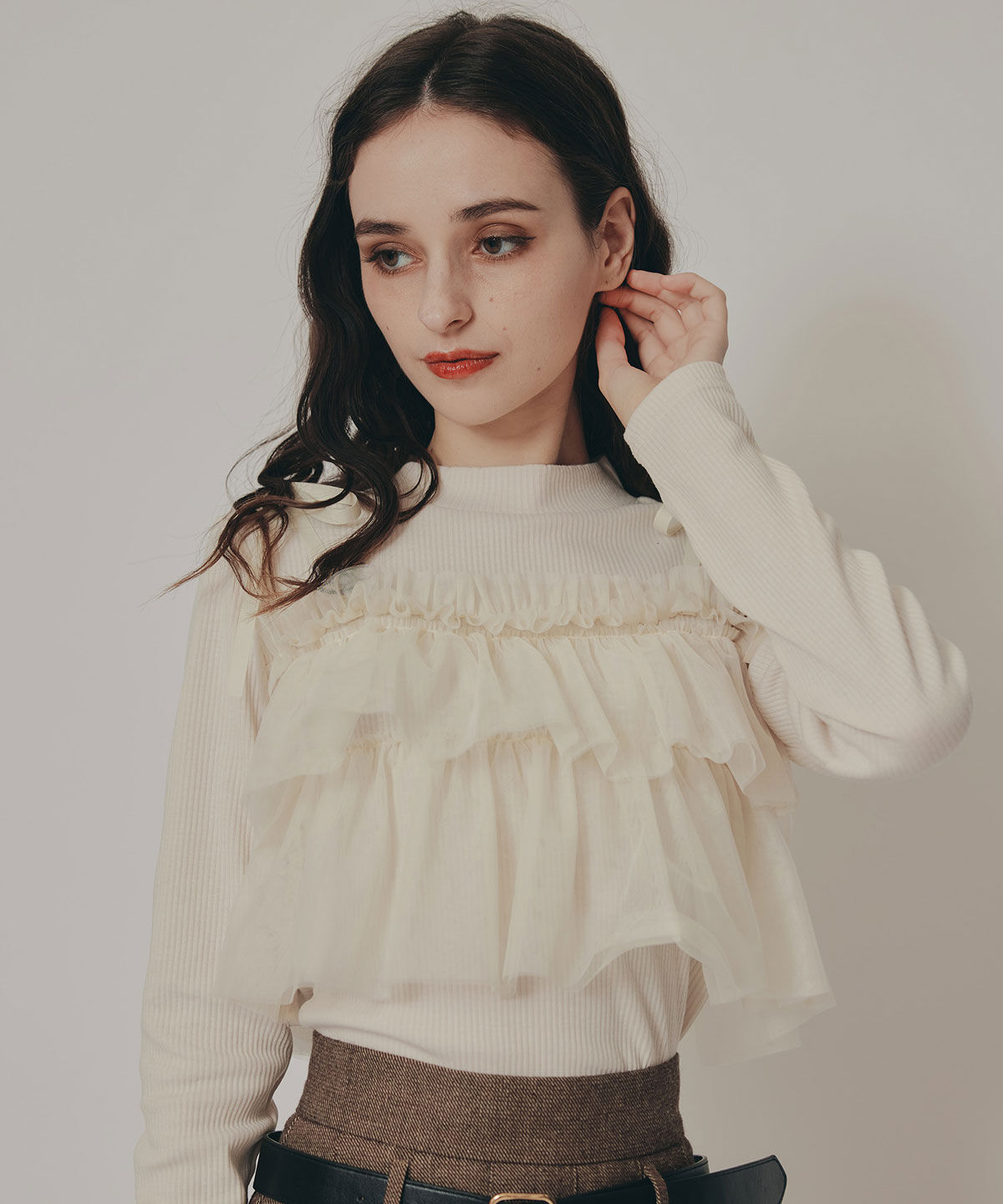REDYAZEL「リボンチュールフリルビスチェニットトップス」|ニット・セーター|