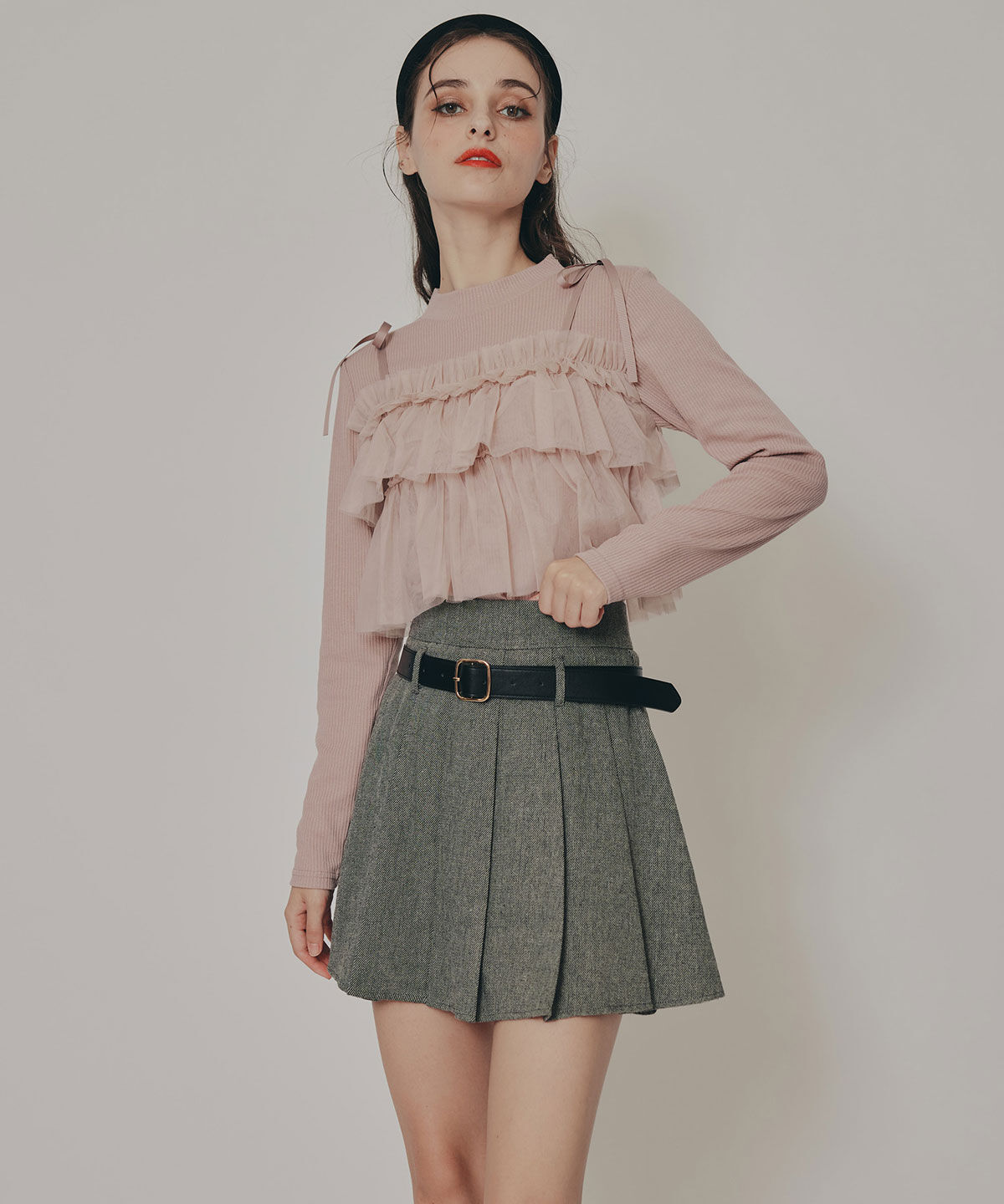 REDYAZEL「リボンチュールフリルビスチェニットトップス」|ニット・セーター|