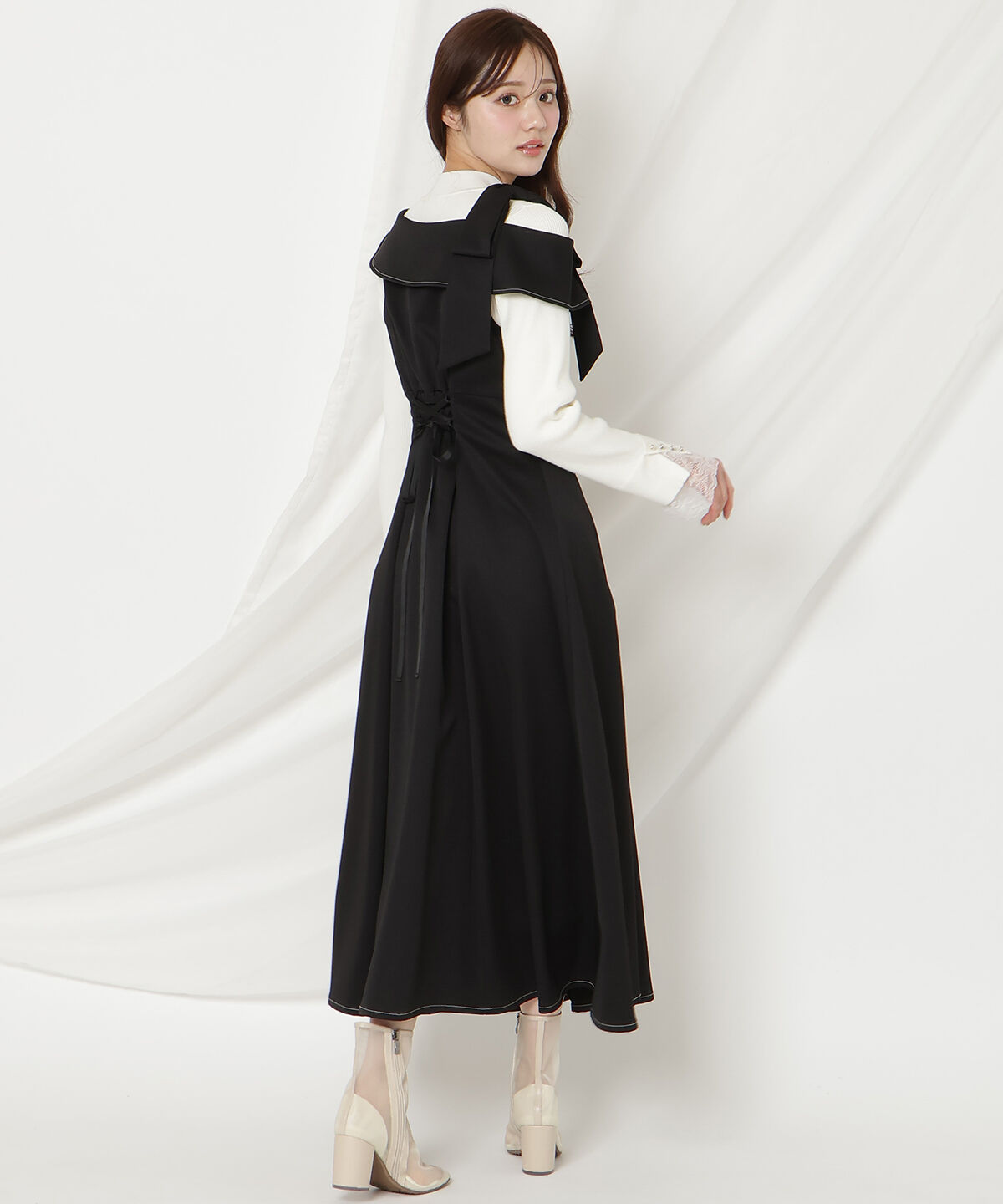 WILLSELECTION「アシンメトリーリボンショルダーワンピース」|ジャンパースカート|