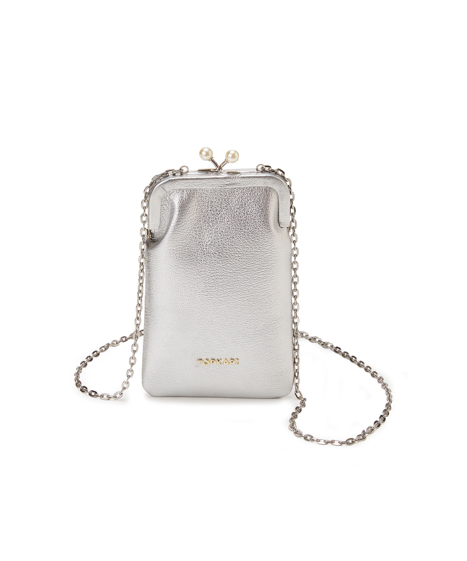 TOPKAPI 「【TOPKAPI】シュリンクレザー パール チェーン ショルダー バッグ / スマホショルダー」|モバイルケース|シルバー