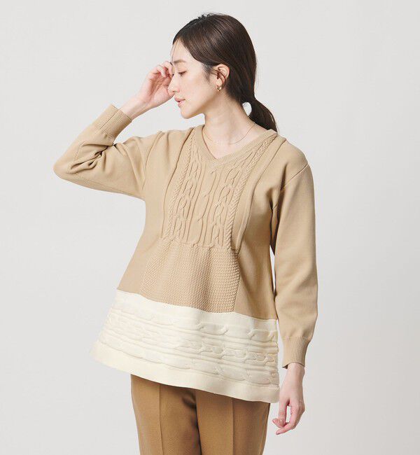 UNITED ARROWS「ケーブル Vネック ニット ‐ウォッシャブル‐」|ニット・セーター|BEIGE