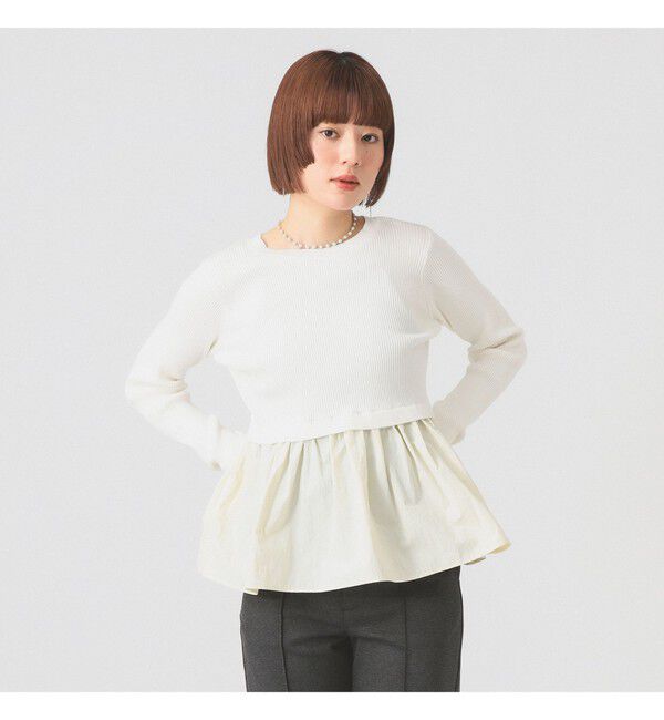 Ray BEAMS 「リブ ギャザー キリカエ クルーネック トップス」|ニット・セーター|