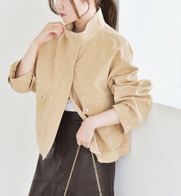 quaranciel「quaranciel〈洗濯機可能〉ポリエステル スエード スタンドカラー ジップ ショート ブルゾン」|ブルゾン・スタジャン|ベージュ