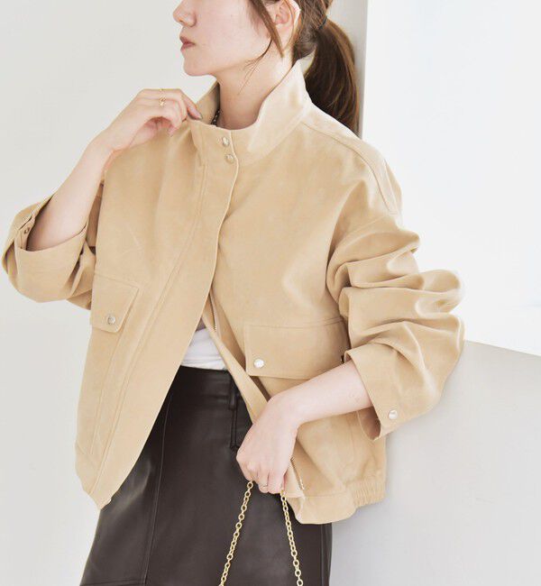 quaranciel「quaranciel〈洗濯機可能〉ポリエステル スエード スタンドカラー ジップ ショート ブルゾン」|ブルゾン・スタジャン|