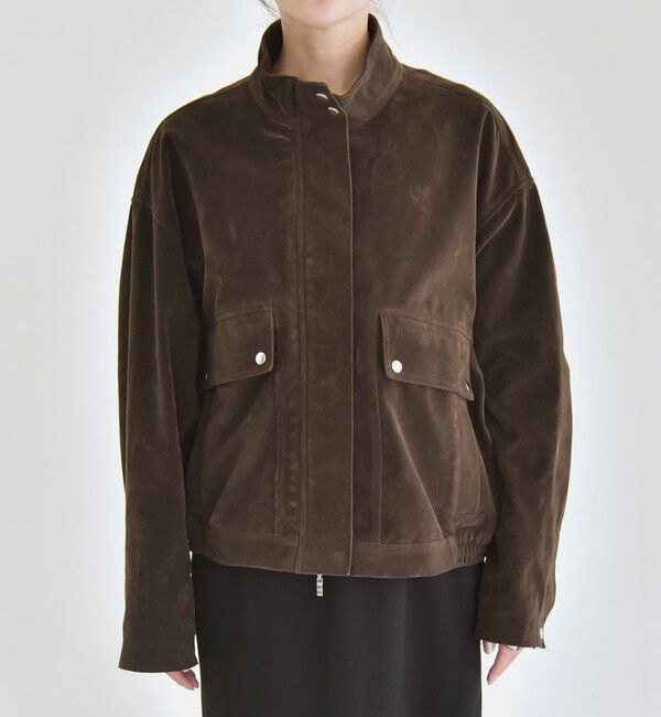 quaranciel「quaranciel〈洗濯機可能〉ポリエステル スエード スタンドカラー ジップ ショート ブルゾン」|ブルゾン・スタジャン|