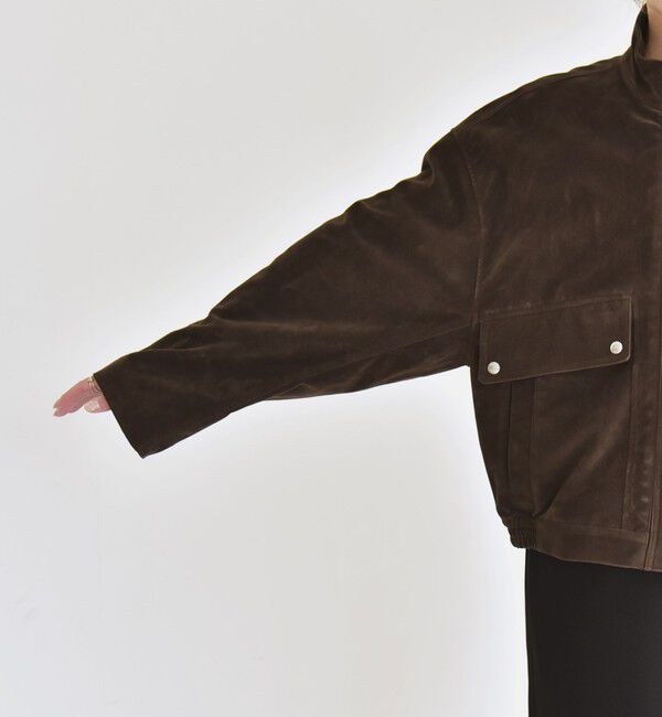 quaranciel「quaranciel〈洗濯機可能〉ポリエステル スエード スタンドカラー ジップ ショート ブルゾン」|ブルゾン・スタジャン|