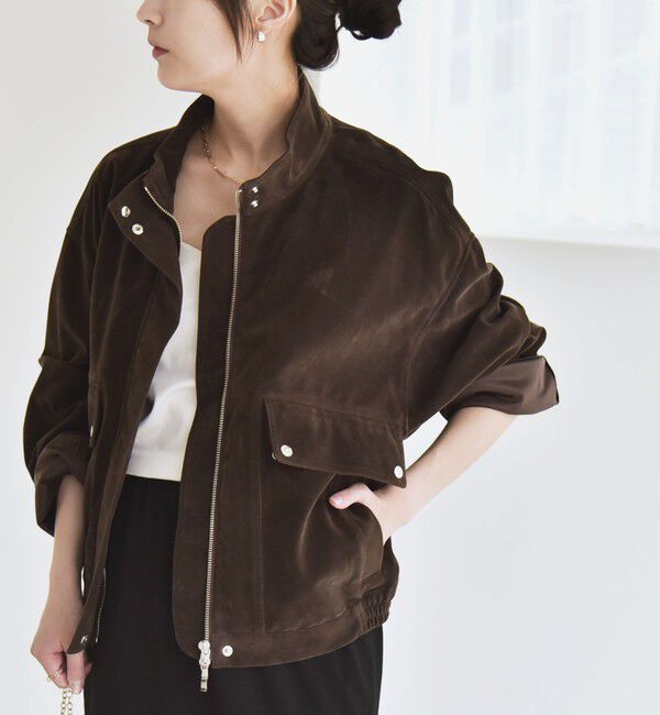 quaranciel「quaranciel〈洗濯機可能〉ポリエステル スエード スタンドカラー ジップ ショート ブルゾン」|ブルゾン・スタジャン|