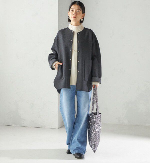 SHIPS for women「セミ 梳毛 配色 リバーシブル ノーカラー ショート コート」|ノーカラーコート|