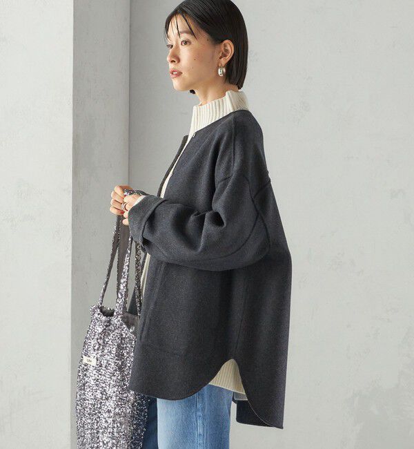 SHIPS for women「セミ 梳毛 配色 リバーシブル ノーカラー ショート コート」|ノーカラーコート|