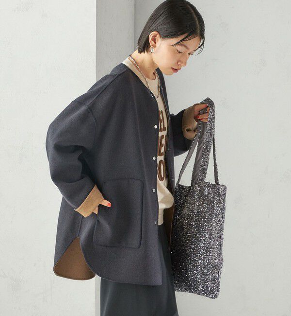 SHIPS for women「セミ 梳毛 配色 リバーシブル ノーカラー ショート コート」|ノーカラーコート|