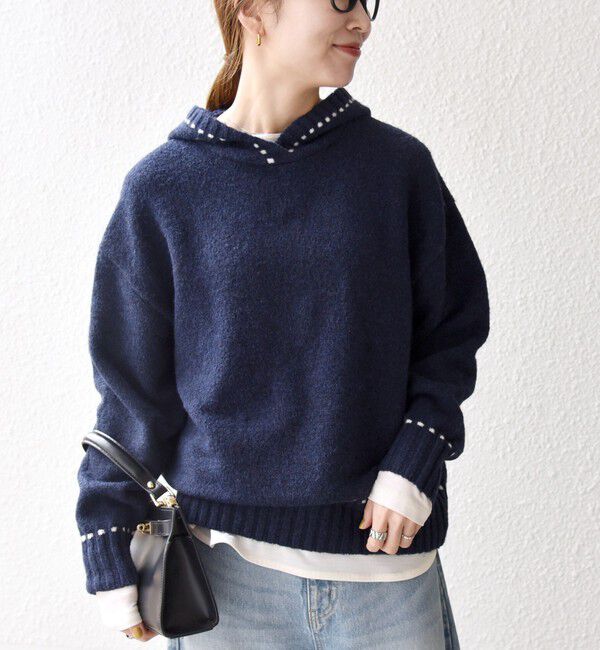 SHIPS any「SHIPS any:〈手洗い可能〉ステッチ デザイン フーディー ルーズ ニット」|ニット・セーター|