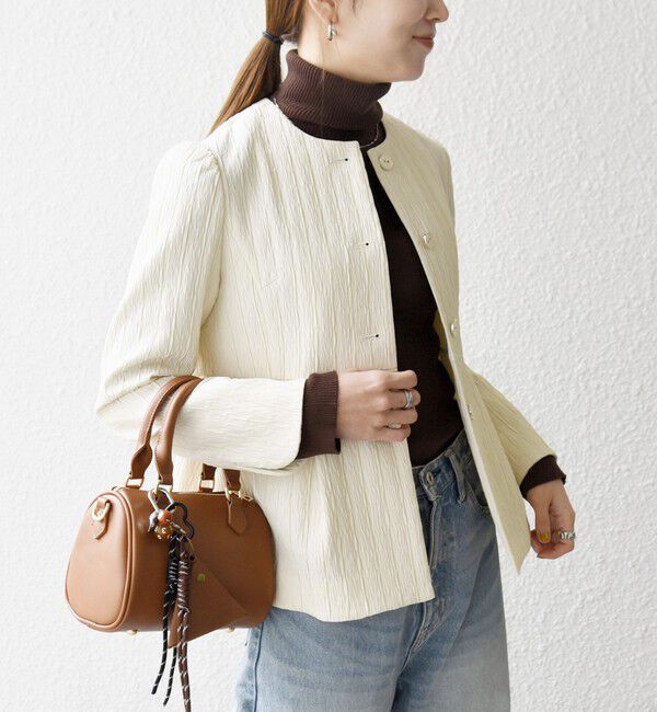 SHIPS any「SHIPS any:〈手洗い可能〉ジャカード ノーカラー ペプラム ジャケット［NAVY BLUE］」|ノーカラージャケット|