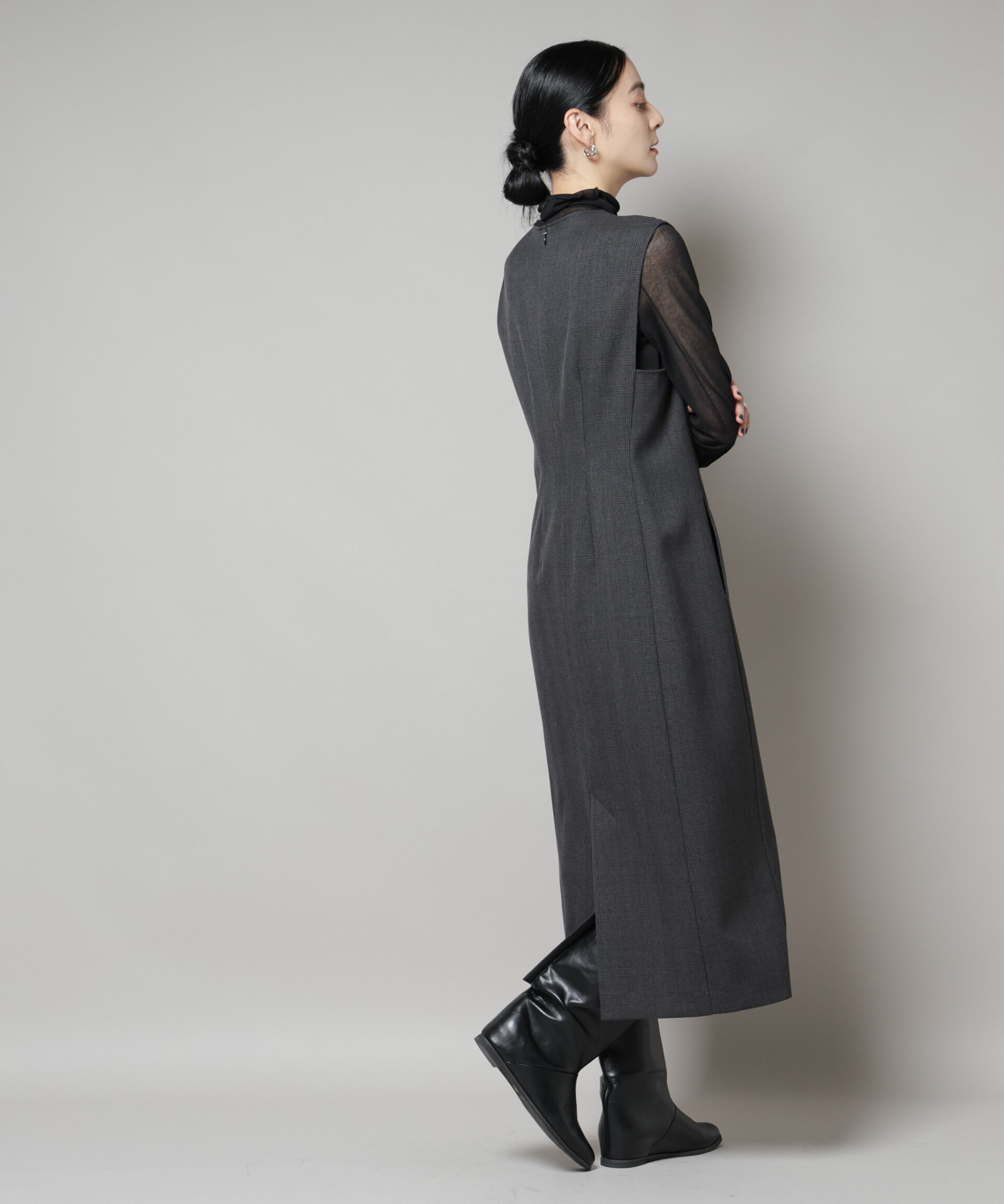 nano･universe「ストレッチサージチェックVネックワンピース(セットアップ可)」|ワンピース|