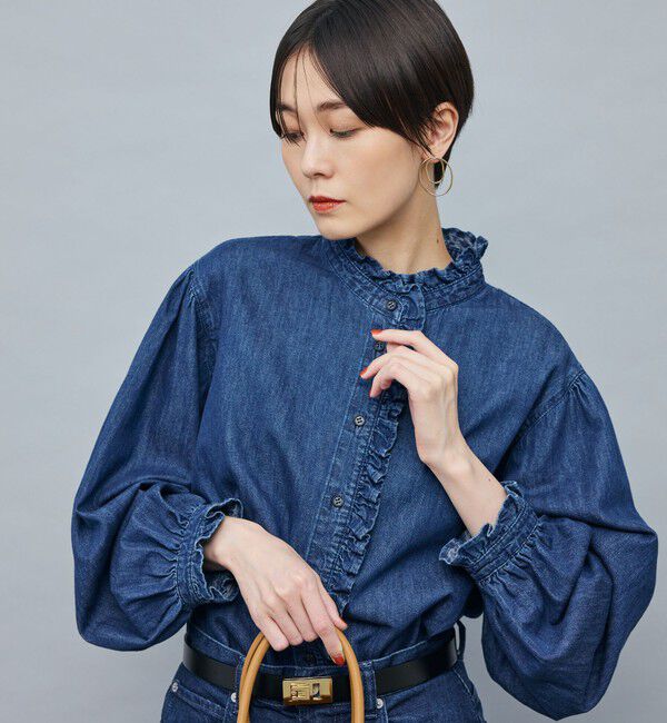 Rie Miller「【RM denim】フリルデニムブラウス」|シャツ・ブラウス|インディゴブルー