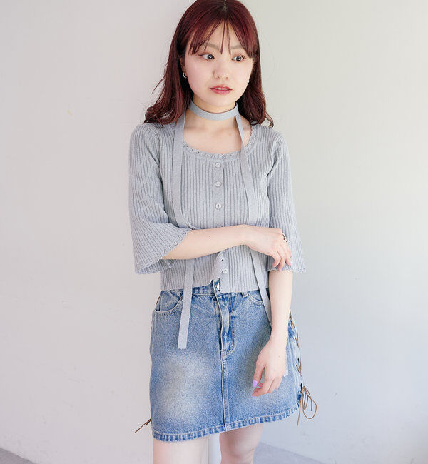  「【2WAY/4色展開】リブニットスクエアレースカーデ」|ニット・セーター|