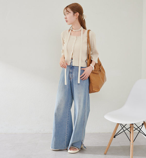  「【2WAY/4色展開】リブニットスクエアレースカーデ」|ニット・セーター|