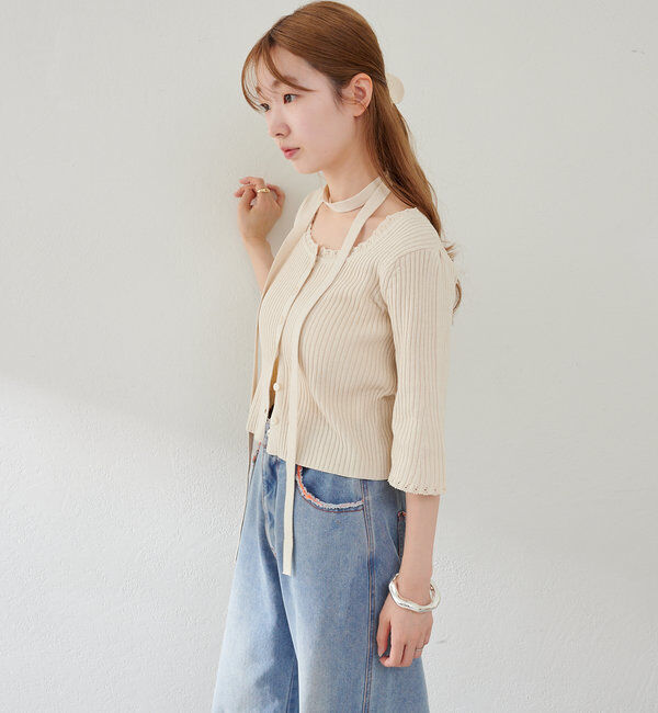  「【2WAY/4色展開】リブニットスクエアレースカーデ」|ニット・セーター|