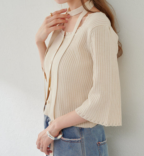  「【2WAY/4色展開】リブニットスクエアレースカーデ」|ニット・セーター|