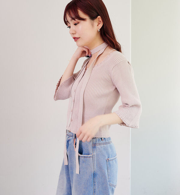  「【2WAY/4色展開】リブニットスクエアレースカーデ」|ニット・セーター|